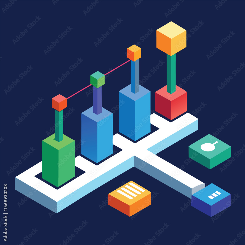 Poster modern isometric data visualization depicting business growth and progress using geometric shapes on