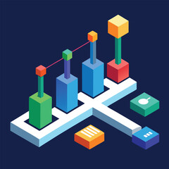 Modern isometric data visualization depicting business growth and progress using geometric shapes on a dark blue background.