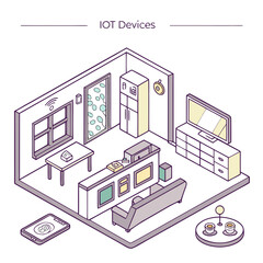 Isometric illustration of a smart home interior with various iot devices and connected appliances inside room