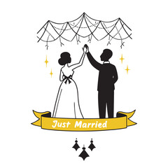 Fototapeta premium Newlyweds celebration vector art bride and groom under garland just married sign