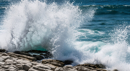 Powerful ocean wave crashing against rocky shore, creating dramatic white spray. Coastal erosion and natural force concept. Seascape photography for environmental awareness.