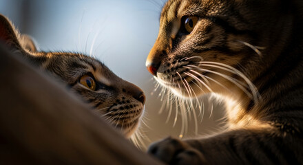 Two cats face to face in intimate moment. Close-up portrait of feline friendship. Pet bonding and animal companionship concept. Emotional connection between domestic animals.