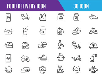 Set of 30 outline icons related to food delivery icon, food box, fast delivery, Linear icon collection. Editable stroke. Vector illustration..