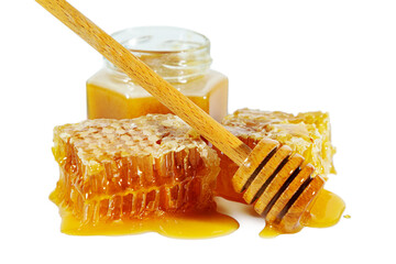 Jar with honey, honeycombs and honey spoon isolated on white background.