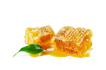 Honeycombs with flowing honey and green leaf isolated on white.