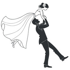 Groom lifts bride in celebration wedding day black and white vector illustration