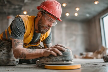 Worker sanding concrete floor, wearing red hard hat, yellow safety vest, focused on finishing renovation. Concept of worker sanding concrete floor highlights industrial craftsmanship.