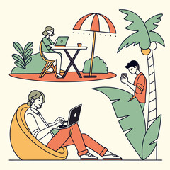 Obraz premium People working remotely outdoors with laptops and mobile phones in a tropical setting illustration