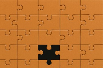 Ein fast fertiges orangenfarbenes Puzzle mit einem fehlenden Mittelstück, symbolisch für Lücken oder unvollständige Aufgaben. Generative KI