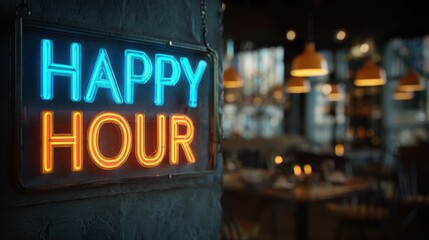 Vibrant neon happy hour sign illuminates a cozy restaurant interior with warm lighting