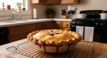 Homemade Berry Pie Cooling on Kitchen Counter