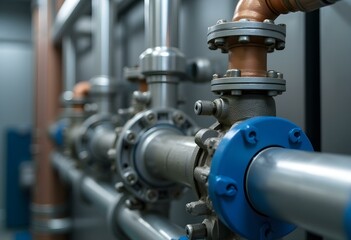 Industrial Piping and Tubing System Close-Up – Metal and Plastic Pipe Network with Valves and Connectors

