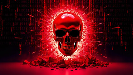 Binary code background red digital skull shattering a firewall wall, 