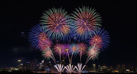Vibrant Fireworks Display Over City Skyline at Night