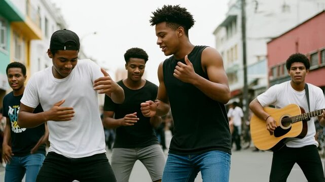 Group of young African American men dancing and singing on colorful urban street. Friends enjoying music together outdoors. Youth culture and community bonding concept.