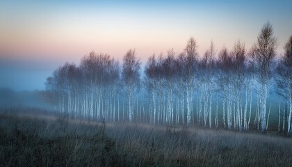 silver birches fading into misty distance soft light evening background