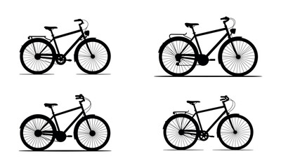 Set of bicycle silhouette illustrations in black and white for transport and sport themes
