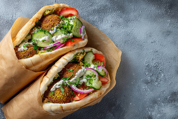 Pita Bread Filled with Falafel, Cucumber, Tomato, and Tahini Sauce