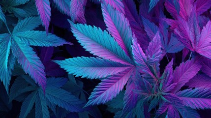 Vibrant cannabis leaves illuminated by neon blue and purple lights