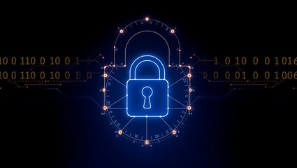 Glowing blue padlock surrounded by binary code and circular design elements on a black background