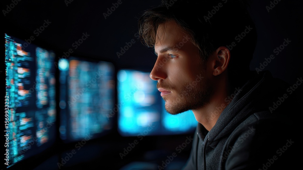 Poster a focused man gazes at multiple glowing screens displaying data in a dark environment, highlighting 