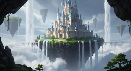 Floating fantasy castle on island with waterfalls in misty sky. Magical kingdom concept. Fairy tale landscape for book cover, game design, or digital wallpaper.
