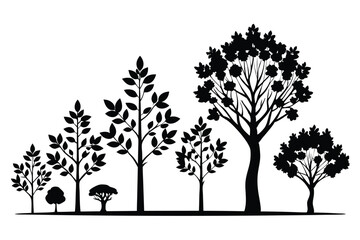 Silhouette Trees of Various Sizes, Growing from Small Saplings to Mature Trees
