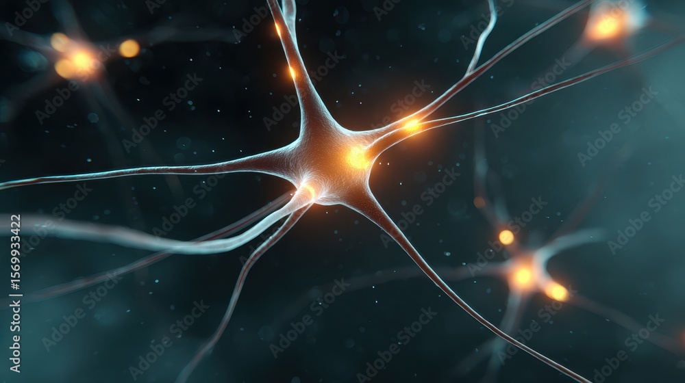 Poster abstract representation of neurons with glowing connections against a dark background, illustrating 