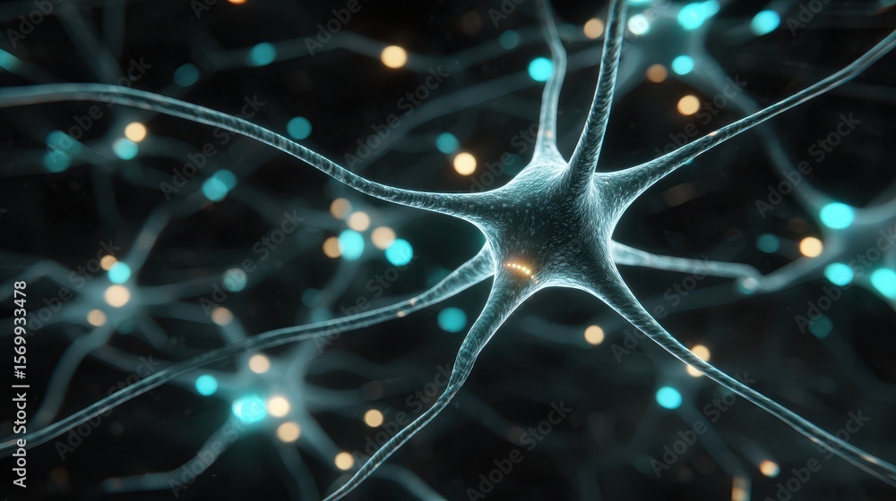 Poster abstract depiction of neurons with glowing connections and colorful dots representing synapses, illu