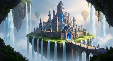 Floating fantasy castle on island surrounded by waterfalls and hot air balloons. Magical kingdom in sky. Concept art for fairytale book, video game, or theme park attraction.