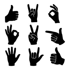 Hand gestures icons set. Vector hand silhouettes.