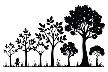 Silhouette of Child Among Trees and Grass, Black and White Illustration Style © kanchanrani