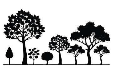 Silhouette Array of Varied Trees, Black and White, Forest Illustration Graphic