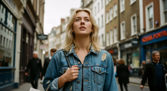 Blonde woman in denim jacket walking on urban street. Casual fashion portrait in city. Young female exploring town center. Lifestyle and travel concept with copy space
