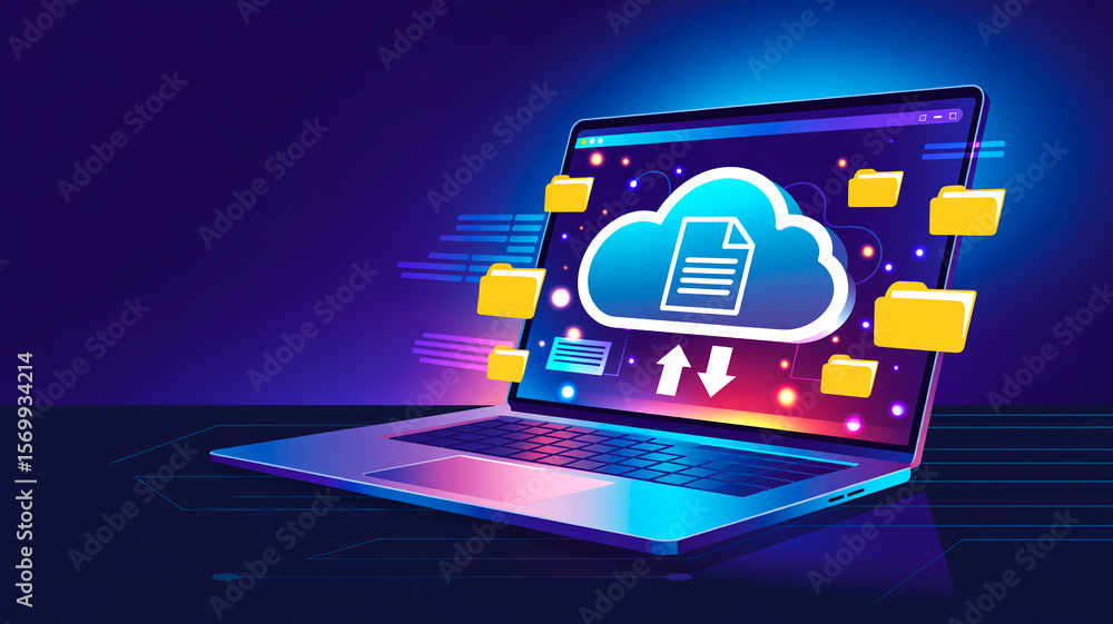 Poster a modern laptop with transparent screen displays futuristic cloud computing interface, data streams,
