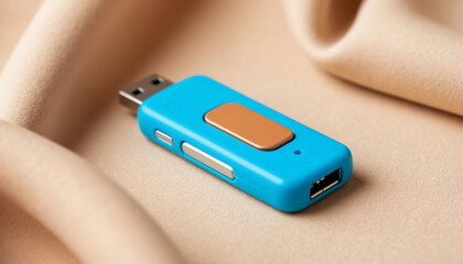 Blue USB flash drive on beige background. Minimalist tech accessory with clean, professional aesthetic