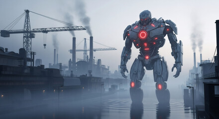 Giant robot with glowing red core standing in foggy industrial landscape. Futuristic sci-fi concept art. Dystopian cityscape with cranes and smokestacks. Mecha guardian in urban setting.