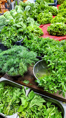 Fresh fruits and vegetables placed on cases and stands in the grocery section