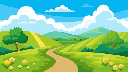 Obraz premium A winding path leads through lush green hills under a bright blue sky