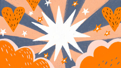 Energetic Starburst Background with Hearts and Clouds A Dynamic Design for Creative Projects and Presentations