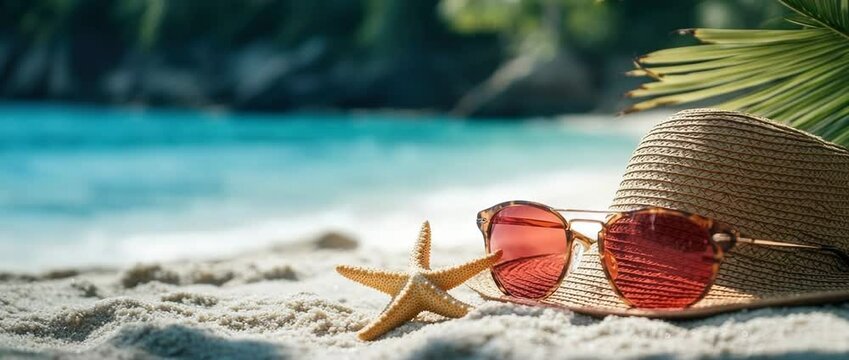summer layout with sunglasses, hat, starfish, and palm leaves on beautiful sandy beach with sea, ocean in the background tropical vacation vibes and copy space for design or tex