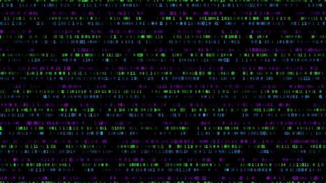 Abstract animated binary code stream background with 0 and 1 digits in green, blue, and magenta colors, transparent background with alpha channel, seamless loopable element for tech and cyber themes