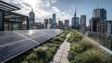 Rooftop garden with solar panels and a city skyline in the background on a sunny day with clouds