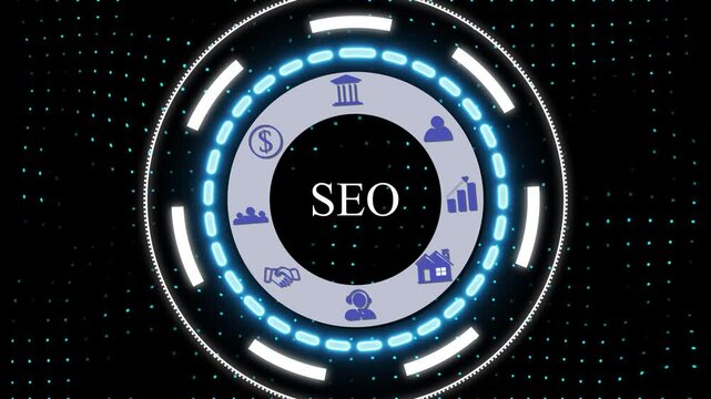 A SEO concept button on a clear projection ,Business, Technology and network concept. Animated Dynamic wave of color particles. Digital technology background random dot 4K. 