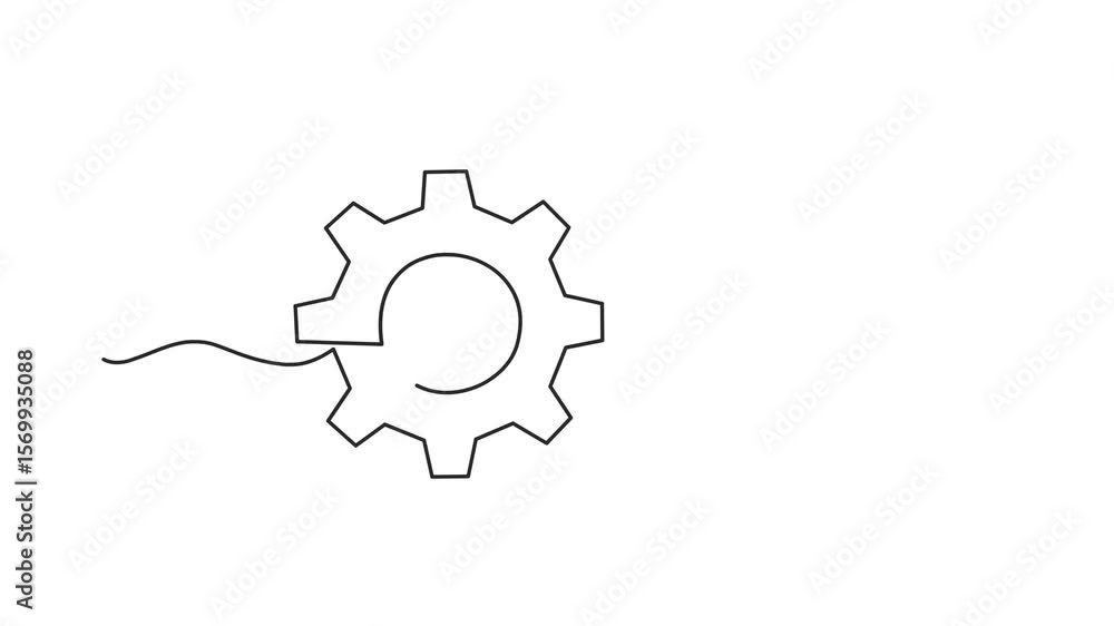 Poster animated self drawing of continuous line draw gears wheels. two cogwheels in lineart style. symbol o