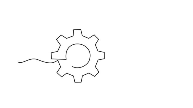 Animated self drawing of continuous line draw gears wheels. Two cogwheels in lineart style. Symbol of teamwork, development. Creative concept of business teamwork. Full length one line animation. 4K