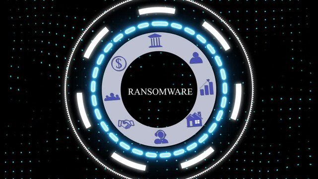 A Ransomware Business concept on a futuristic ,Business, Technology and network concept. Animated Dynamic wave of color particles. Digital technology background random dot 4K.