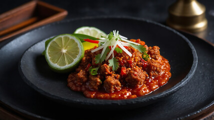 Fototapeta premium Spicy sambal tempeh with chili, herbs, and lime garnish served on a black plate. Traditional Indonesian dish in modern restaurant style