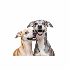 Dynamic Duo: An endearing portrait showcases two expressive dogs, one with a striking coat and the other exuding joy.