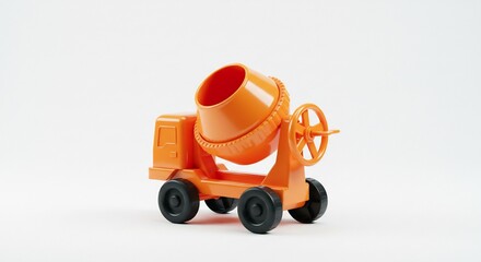 Fototapeta premium Miniature orange cement mixer toy sits brightly lit against white background. AI Generated